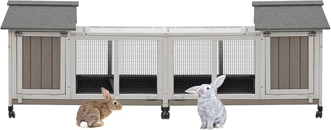 Gowoodhut 76.38"L Rabbit Hutch Indoor and Outdoor with 8 Wheels,Wooden Rabbit Cage with Pull Out Leak-Proof Tray for 2-4 Rabbits,Bunny Hutch with Asphalt Roof Suitable for Garden,Park,Living Room,Grey