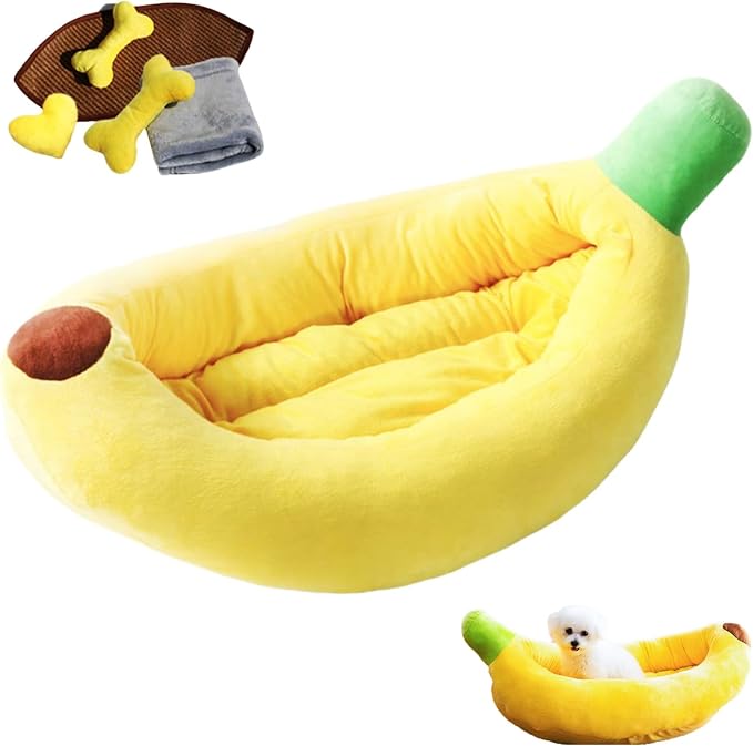 Banana Pet Bed for Small Dogs and Cats, Cozy Enclosed Calming Cave Bed with Removable Plush Cushion for Indoor Kittens Puppies Small Pets (Banana Bed + Mat + Blanket + Bone Toy, Large)