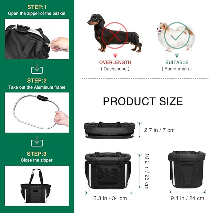 Dog Bike Basket, Folding Front Pet Carrier for Small Dogs Cats Up to 11 lbs, Quick-Release Bicycle Basket with Safety Tether, Fits Mountain City Cruiser Bikes, Detachable Handlebar Bag