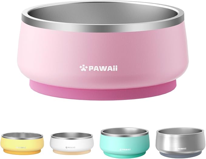 Pawaii Dog Bowl, 34 oz Double-Wall Stainless Steel Food and Water Bowl, Non-Slip Rubber Base, Dishwasher Safe, ID Tag Included, (1 Pack) | Double-Wall Design,Non-Slip Rubber Base,Dishwasher Safe,Smooth Open Design, Not a Slow Feeder,Easy-Rinse Interior