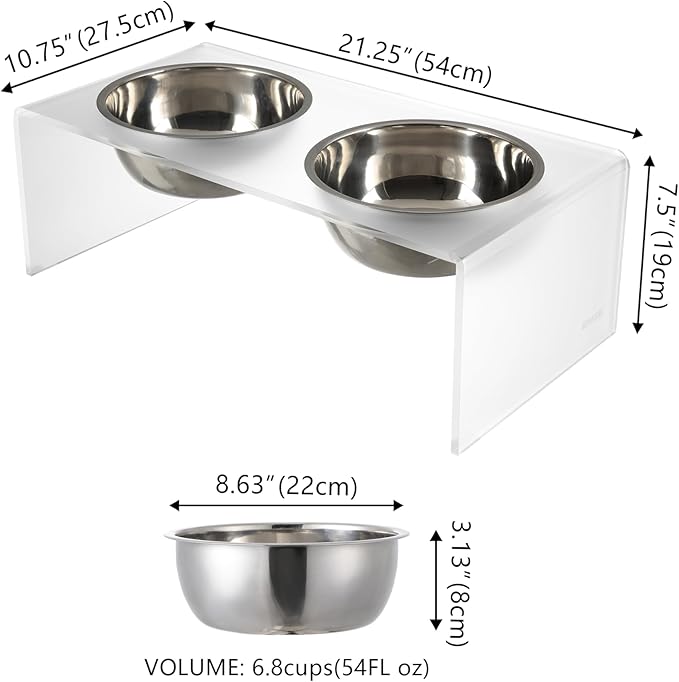 DBL2001K Keaton 7.5" Medium/Large Modern Acrylic Rectangular Elevated Pet Feeder with 54oz 2-Stainless Steel Bowls, Moon White/Chrome
