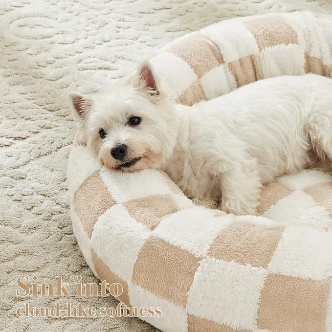 Ohocut Checkered Dog Bed, Cute Beige Khaki Retro Style Aesthetic Round Warming Pet Calming Beds for Small Dog and Cats, Plush Cozy Donut Dog Beds Washable, 30" L x 30" W x 8" Th