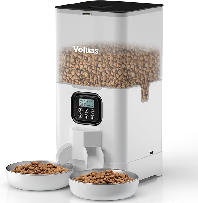 Distributeur automatique de nourriture Voluas pour deux chats, distributeur double pour animaux avec 2 gamelles en acier inoxydable, distributeur de nourriture pour chat de 6 L avec fonction de mémorisation