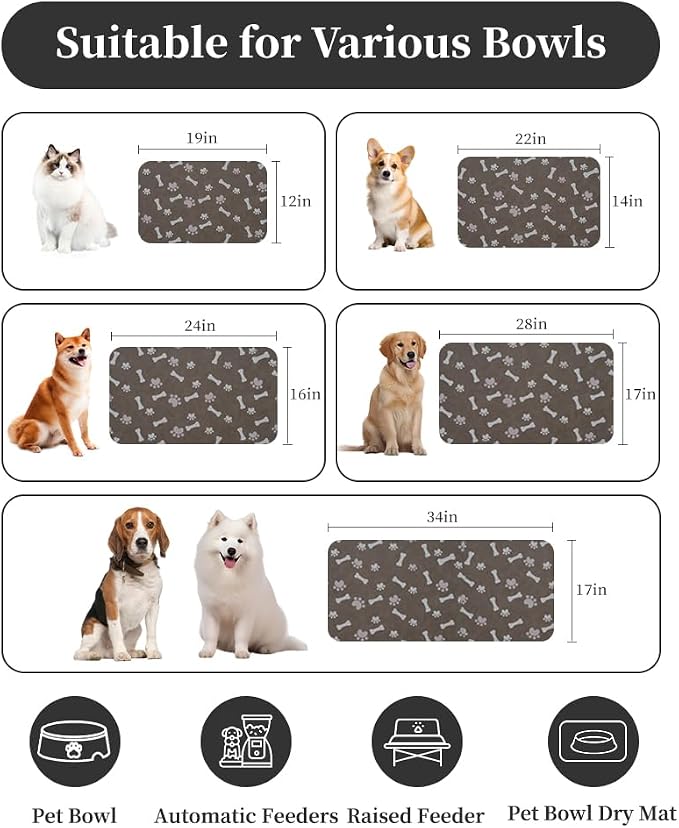 MontVoo Dog Food Mat-Pet Feeding Mat for Food and Water-No Stains Quick Dry Dispenser Cat Bowl Mat for Messy Drinkers(17"x28" Brown)