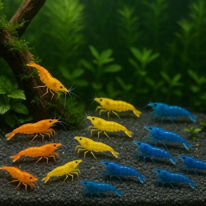 7 Orange, 7 Yellow & 7 Blue Dream Three Mix Colors Live Shrimps Freshwater Shrimp High Grade Live Shrimps – Freshwater Shrimp Aquarium Inverts – with Live Arrival Guarantee (Pack of 21+)