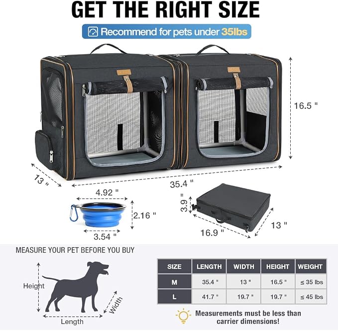 Lekereise Large Cat Carrier for 2 Cats, 2-in-1 Cat Travel Carrier with Litter Box, (17.7" x2) x16.5"x13" Pet Carrier with Zipper Locks for Moving Across The Country (No Hammock) - Black