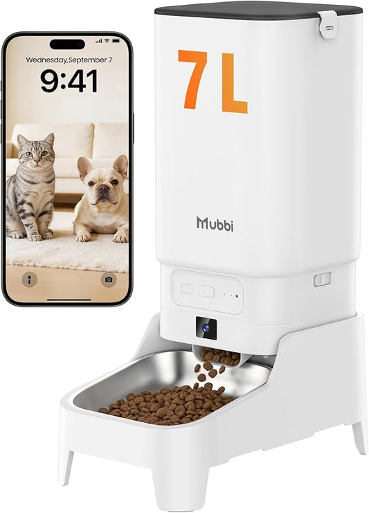 Automatic Cat Feeder with Camera - 7L Automatic Dog Feeder with Large Food Tray & 1080P Night Vision, Elevated Bowl, 2-Way Audio, 10s Voice Recording, 5G/2.4G WiFi Timed Cat Food Dispenser, 1-15 Meals