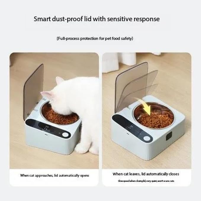 Automatic Pet Feeder with Motion-Sensor Activated Auto-Open Lid,Dustproof Stainless Steel Feeding Bowl Station for Cats and Small Dogs, Maintains Pet Food Freshness for Longer Time