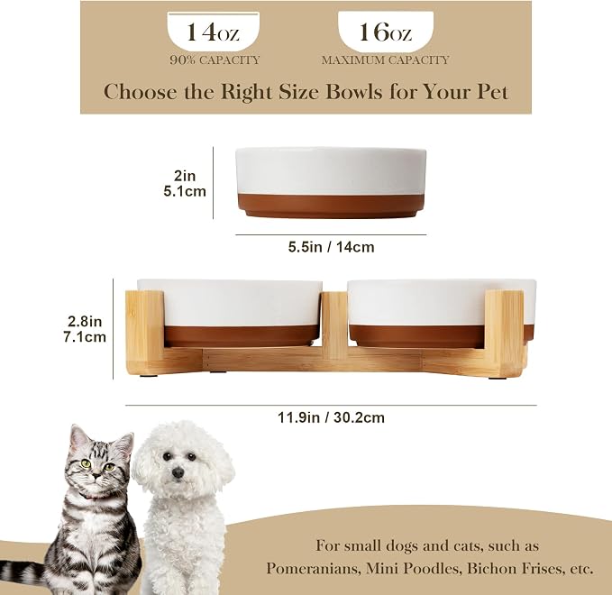 MALACASA Ceramic Dog Bowls Small Size Dog with Wood Stand, 1.5-Cup Ceramic Puppy Bowls for Cats & Small Dogs, Dual Food and Water Bowls with Weighted Non-Slip Base, Glaze Matte,14 Oz