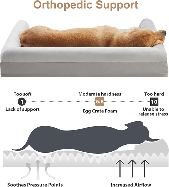 BFPETHOME Orthopedic Washable Large Dog Bed for Senior Dog Comfy Sleep | Waterproof Big Soft Pet Couch Bed for Dogs Relax with Removable Cover Supportive Egg Crate Foam Light Grey 36x27 Inch