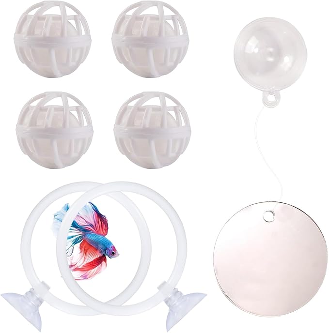 Beta Fish Aquariums Accessories, Betta Ring Enrichment Toys, 1 Fish Mirror with Floating Ball & 2 Exercise Training Ring Toys & 4 Nitrifying Balls for Fish Tank, Betta Tank, Betta Aquarium