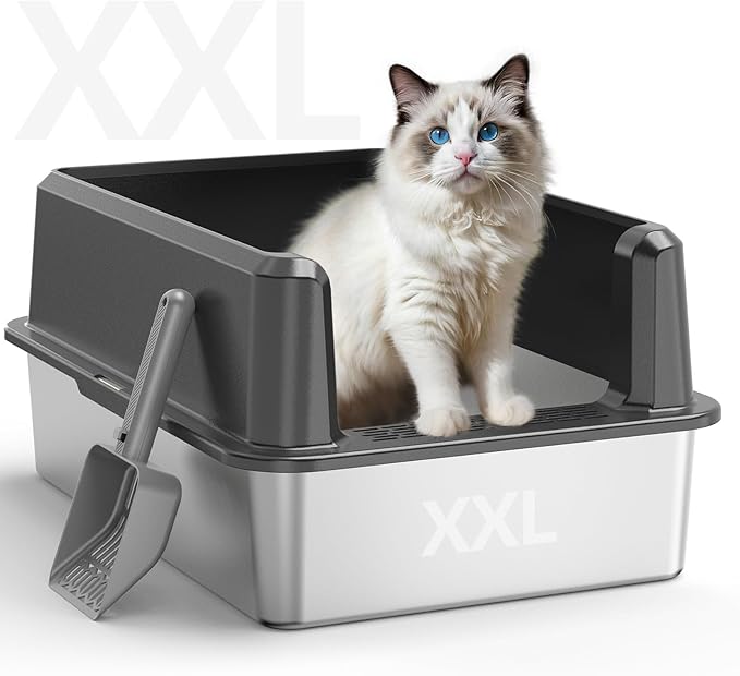 WoofiGo Enclosed Stainless Steel Cat Litter Box with Lid, XL Extra Large Litter Box for Big Cats, Metal Litter Pan High Sided, Never Absorbs Odors, Anti-Urine Leakage, Include Scoop (65-Darkgray)