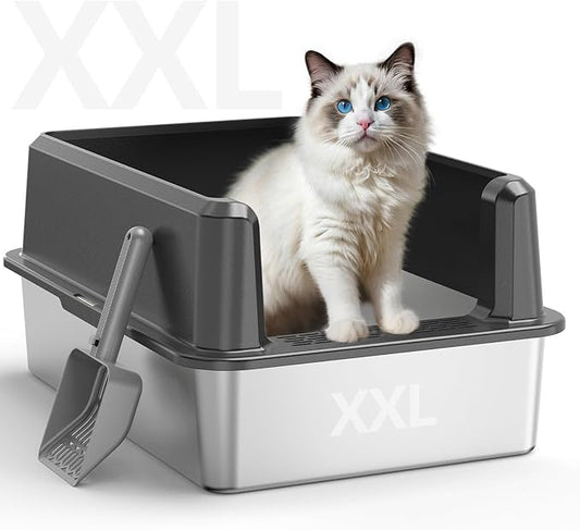 WoofiGo Enclosed Stainless Steel Cat Litter Box with Lid, XL Extra Large Litter Box for Big Cats, Metal Litter Pan High Sided, Never Absorbs Odors, Anti-Urine Leakage, Include Scoop (65-Darkgray)