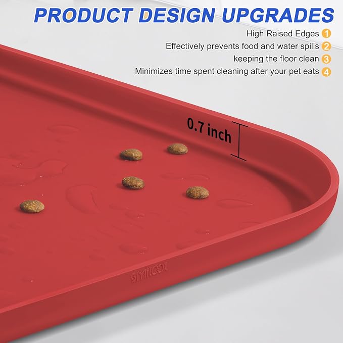 SMILOOL Waterproof Silicone Pet Food Mat with Raised Edge for Dog & Cat | 19" x 12" Non-Slip Pet Feeding Mats with Lip for Food & Water Bowl, Food Grade, Easy Cleaning, Red