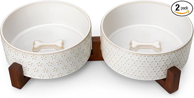 MALACASA Dog Bowl Set, Ceramic Bowls with Walnut Wood Stand, 6 Cups | Five-Leaf Grass and Honeycomb Design, Non-Slip Base, for Dogs, About 26% Heavier than Similar Ceramic Bowls