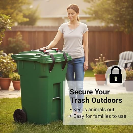 2pcs Trash Can Lock for Animals Bear Raccoon Proof Outdoor Garbage Can Lid Lock Adjustable Animal Proof Locking Strap for 32 to 96 Gallon Trash Bins Easy to Install