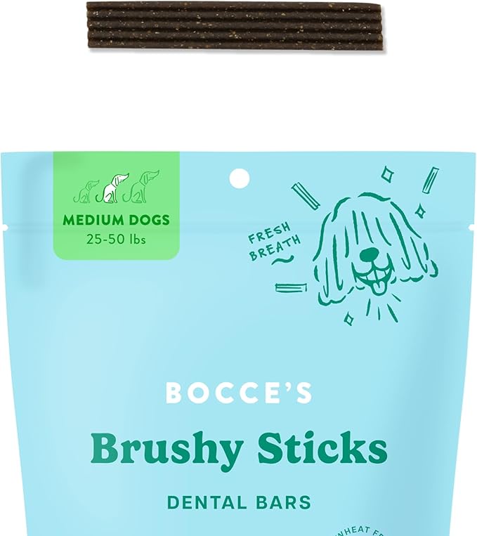 Bocce's Bakery Dental Brushy Sticks for Medium Dogs – Natural, Wheat-Free Dental Bars to Support Oral Health & Fresh Breath, Made with Real Ingredients – Coconut & Mint Recipe (2 Pack Bundle)