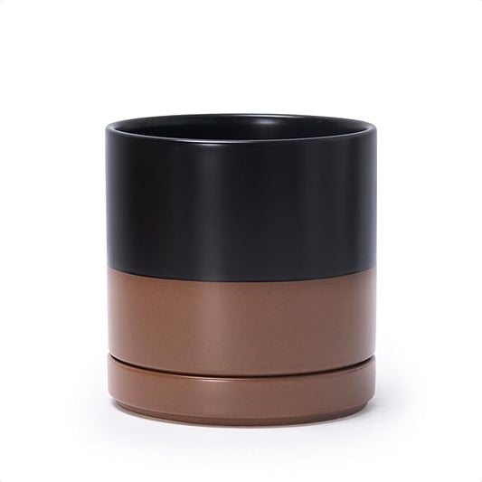 D'vine Dev 6.5 Inch Ceramic Planter Pot, Black/Tan, 94-O-C-7 | Modern Cylinder Design, Drainage Hole & Saucer Included, Stable Structure, Elegant Home Accent