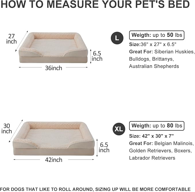 WNPETHOME Orthopedic Washable XL Dog Bed for Senior Dog Cozy Sleep | Extra Large Waterproof Big Soft Dog Couch Sofa Bed for Dogs Relax with Removable Cover Supportive Pet Bed Beige 42x30 Inch