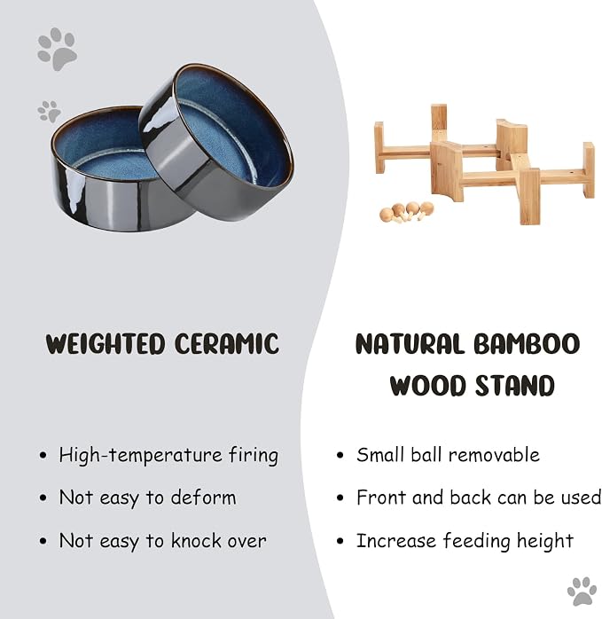SPUNKYJUNKY 15° Slanted Ceramic Dog and Cat Bowl with Wooden Stand, Tilted Bulldog Food and Water Bowl No Slip Non-Spill for Cats Medium Dogs Big Face Pets 28.7 OZ (3.6 Cups, Starry Blue × 2)