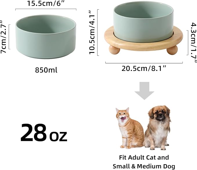 Havniva Raised Cat Bowl 6.1” Elevated Ceramic Cat Food and Water Bowl | Cat Bowls Elevated, Whisker Friendly Cat Bowl, Non-Slip Wood Stand, Food-Grade Ceramic, Wide Opening, Dishwasher Safe