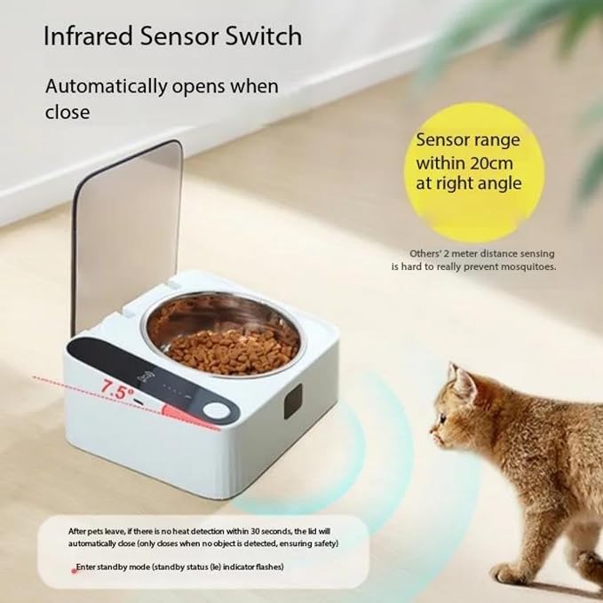 Automatic Pet Feeder with Motion-Sensor Activated Auto-Open Lid,Dustproof Stainless Steel Feeding Bowl Station for Cats and Small Dogs, Maintains Pet Food Freshness for Longer Time