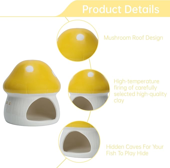 AnRui Ceramic Mushroom Aquarium Decor Cute Mini House Betta Fish Tank Accessories Decoration Hideaway Hideout Cave Ornament for Small Fish, Shrimp, Goldfish and Reptiles (Yellow, Large)