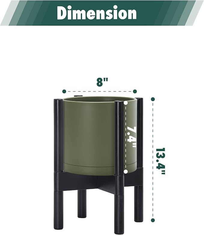 D'vine Dev Plastic Pot with Ebony Wood Stand, Olive, 8 in, 55-C-K-3 | Mid-Century Inspired Design, Elevated Plant Display, Clean Lines, Sturdy Support, Modern Space-Saving Style