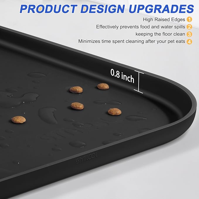 SMILOOL Waterproof Silicone Pet Food Mat with Raised Edge for Dog & Cat | 22" x 14" Non-Slip Pet Feeding Mats with Lip for Food & Water Bowl, Food Grade, Easy Cleaning, Black
