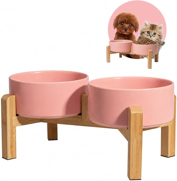 Elevated Ceramic Dog Bowl, 2 Cups Dog Food and Water Bowl Set with Stand | 5.1'' Double Dog Feeding Dishes, Non-Slip Raised Dog Feeder for Cats and Puppies, 16.23 OZ / 480 ML, White