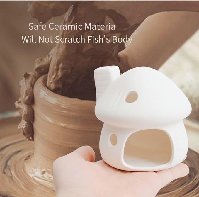 Ceramic Mushroom with Betta Hideout Cave Aquarium Decorations, Cute Fish Tank House with Cave Set for Amano Shrimp Cichlid Bonsai Goldfishes to Play, Hide and Rest - White