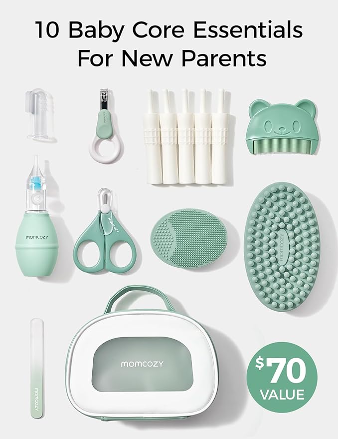Momcozy Core Baby Kit, Basic Baby Shower Gift & Registry Essential Kit | Grooming&Health&Cleansing Care Set, Nail File Kits,Nasal Aspirator,Gas Relief Tubes,Bath Brushes,Toothbrush,Comb,Storage Case