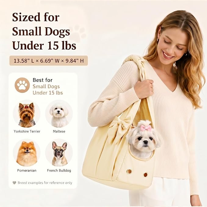 Fashion Dog Purse Carrier for Small Dogs and Cats, Soft-Sided Puppy Tote Bag Under 15 lbs, Lightweight Pet Carrier with 4 Pockets, Smart Zipper Lock, Pet Travel Bag for Travel Outdoor(Beige)