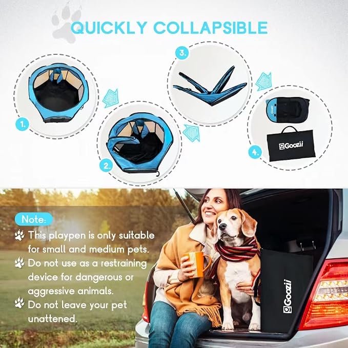 GOOZII Portable Dog Playpen Indoor Outdoor, Collapsible Pet Dog Playpen with Zipper Top Cover, Cat Puppy Bunny Kitten Exercise Play Pen Tent for Beach RV Car (Medium Size,Black Blue)