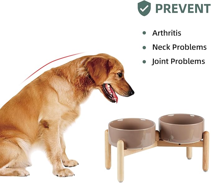 Havniva Elevated Dog Bowls Ceramic Dog Bowls with Stand, Dog Food Bowl | 7.3” Raised Dog Bowls with Non-Slip Wood Stand, Dog Food and Water Bowl Set, Double Dog Feeding Bowls for Medium Dogs