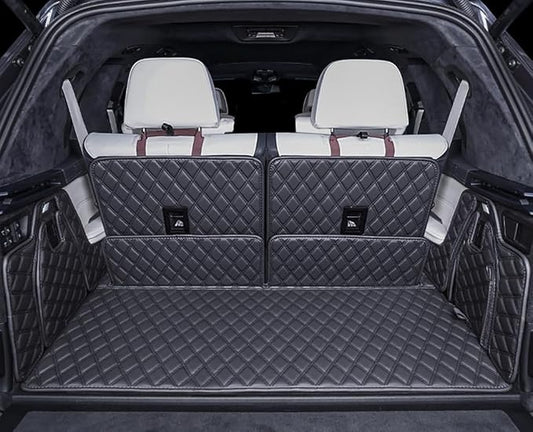 for BMW X7 X7 2+2+2 Seater Trunk Mat Cargo Cover Dog Liner Boot Liner Full Coverage Leather 3D Laser Measured (Trunk Mat+3rd Row Backrest Mat+Both Sides Panel) (Black with Black Stitching