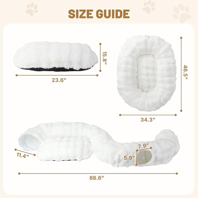 Extra Large Cat Tunnel, 47.2in Luxury Tunnel for Large Cats | Extra Long Bubble Fleece Big Cat Tunnel with Washable Mat, Skin-Friendly Large Tunnel for Cats, Puppy, Rabbits White