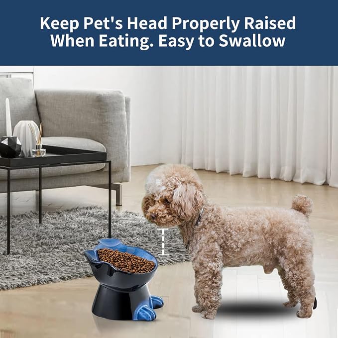Nihow Elevated Ceramic Dog Bowls: 6.5 Inch Raised Dog Bowl for Food & Water | Food Safe Bowl for Medium/Small Size Dogs - Vivid Blue Puppy Bowls for Protecting Pet's Spine (1 PC)