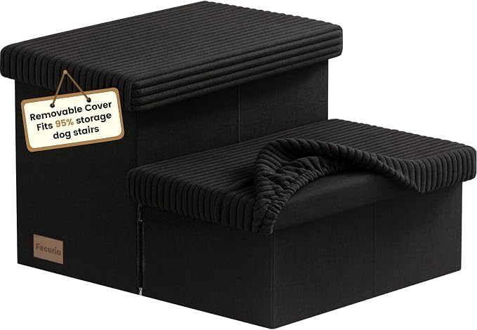 2-Step Wide Dog Stairs 11" H with Removable Cover, Non-Slip Sturdy Pet Steps for Couch Chair, Dog Steps for Small Old Dogs, Cats, Rabbits Up to 150lbs, Foldable Cat Puppy Stairs for Car, Black