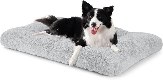 JOEJOY Large Dog Bed Crate Pad, Deluxe Plush Washable Dog Beds Fulffy Soft Kennel Pad Anti-Slip Pet Sleeping Mat for Large Medium Small Dogs, 35" x 23", Grey