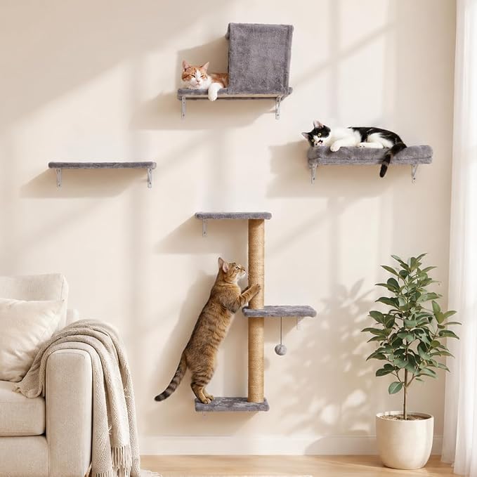 FUKUMARU Cat Wall Shelves, 4 in 1 Set, Light Gray | Stable & Safe Cat Walls Furniture, Wooden Kitten Climbing Wall with Scratching Post for 16 Inch Drywall
