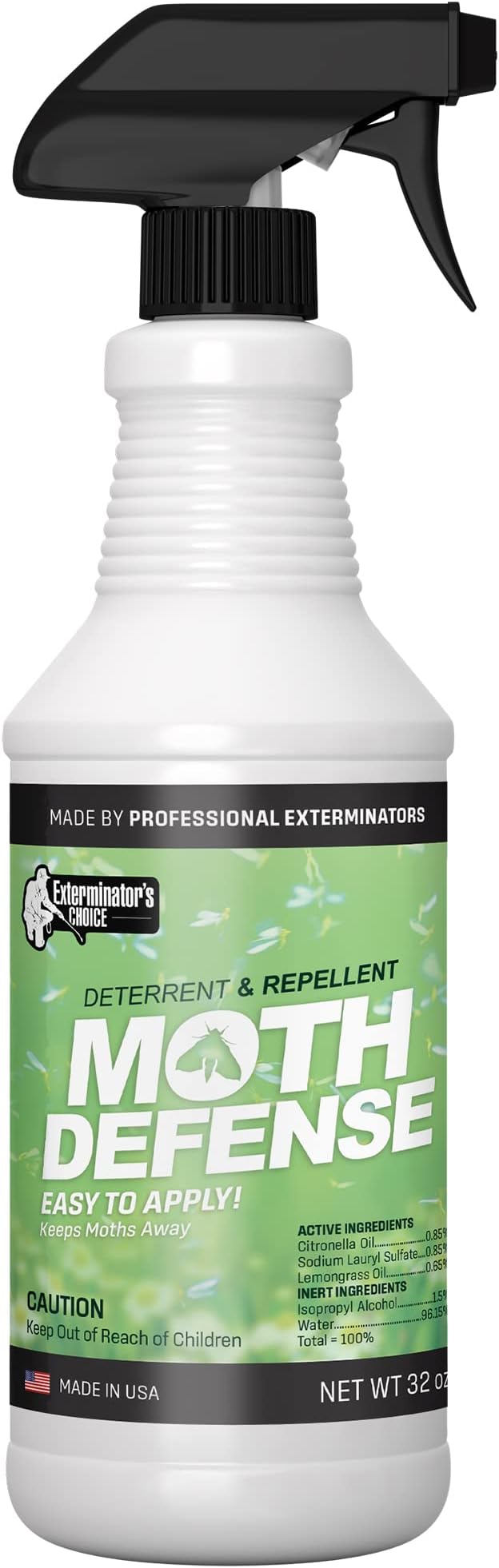 Exterminators Choice Moth Defense Spray - 32 Fl Oz - Natural Lemongrass & Citronella Formula - Animal Safe Moth Spray for Indoor & Outdoor Yard - Anti-Clothing & Fabric Treatment
