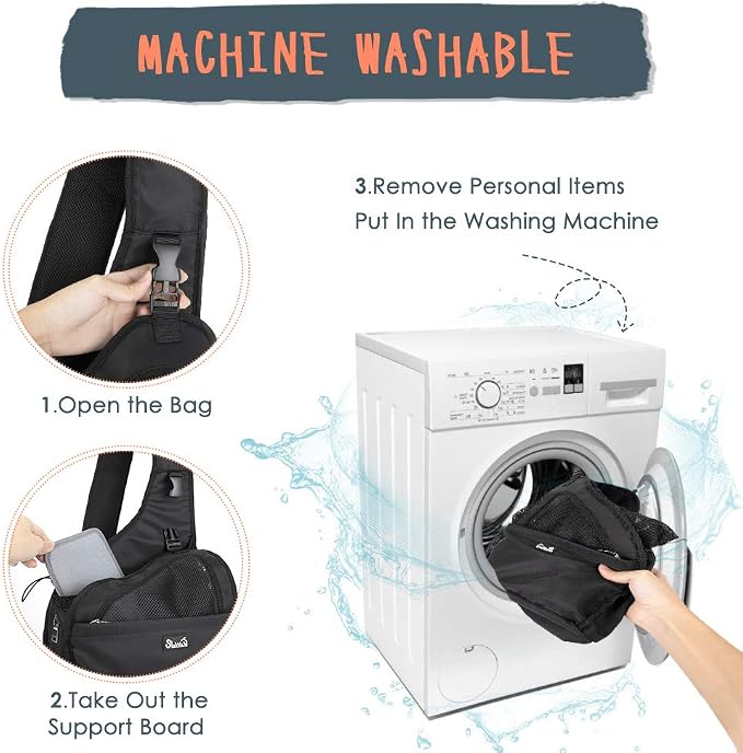 SlowTon Dog Sling Carrier, Hands Free Hard Bottom for Small Dogs up to 6 lb | Breathable Mesh Support, Adjustable Padded Strap, with Pocket Safety Belt, Machine Washable, for Small Animal Puppy, Black