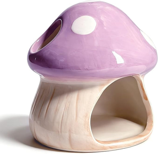 Betta Fish Tank Accessories, Ceramic Mushroom House Aquarium Decor - Cute Purple Hideout Cave Ornament for Small Fish, Shrimp, Goldfish, Hamsters & Reptiles (Purple)