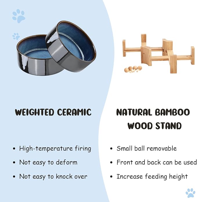 SPUNKYJUNKY 15° Slanted Ceramic Dog and Cat Bowl with Wooden Stand, Tilted Bulldog Food and Water Bowl No Slip Non-Spill for Cats Medium Dogs Big Face Pets 13.5 OZ (1.7 Cups, Starry Blue × 2)