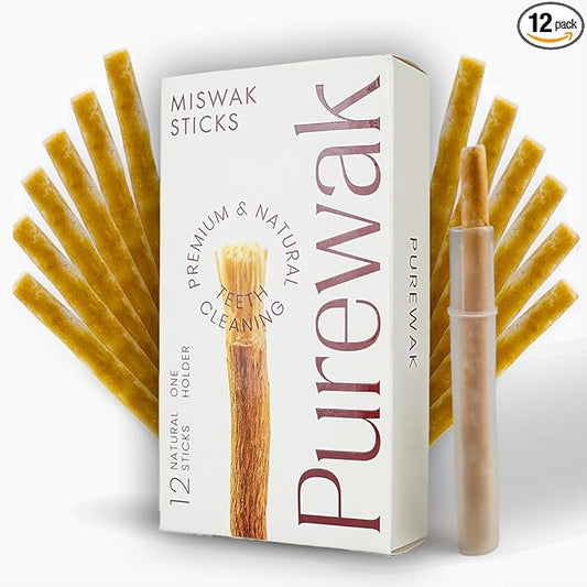 Miswak Sticks, 100% Natural Miswak, Whitens Naturally, Freshens Breath, Miswak Sticks, Traditional Tooth Cleaning Sticks, 3 Months Supply, 1 Pack, 12 Miswak Sticks with Holder.