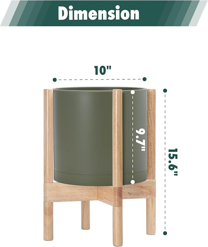 D'vine Dev Plastic Pot with Natural Wood Stand, Olive, 10 in, 55-C-M-3 | Mid-Century Inspired Design, Elevated Plant Display, Clean Lines, Sturdy Support, Modern Space-Saving Style