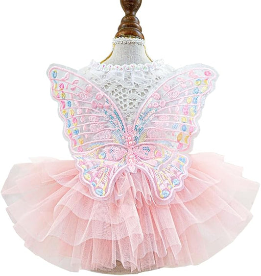 ANIAC Butterfly Dog Dress with Pink Tutu Funny Pet Clothes with Wing Girl Puppy Dress for Small Dogs Pet Butterfly Costume Holiday Cat Outfit for Halloween Birthday Wedding (Pink, Medium)