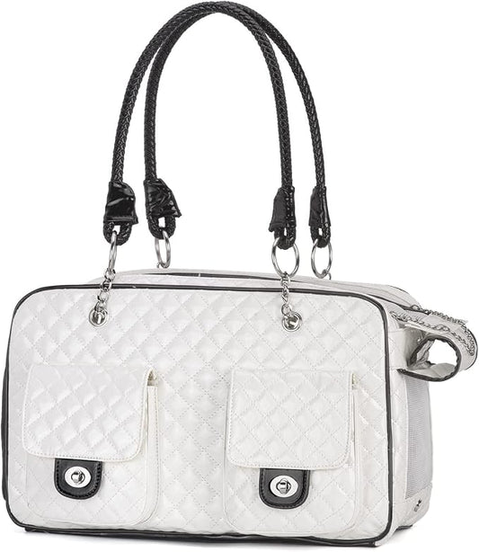 Pet Carrier Fashion Dog Carrier Purse Leather Tote Handbag Bag for Small Puppies Dogs Cat Small Animals Soft TSA Airline-Approved (White)