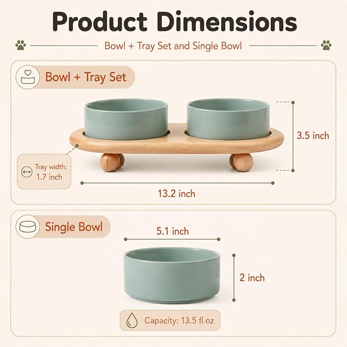 Havniva Raised Cat Bowl 5.1” Elevated Ceramic Cat Food and Water Bowl Set | Cat Bowls Elevated, Whisker Friendly Cat Bowl, Non-Slip Wood Stand, Food-Grade Ceramic, Wide Opening, Dishwasher Safe